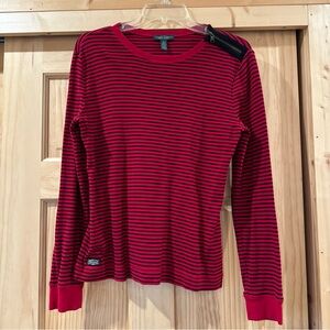 LRL Ralph Lauren Shirt Womens L Stripe Long Sleeve Elbow Patch Shoulder Zip